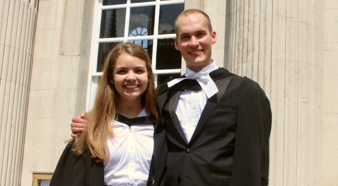 UA Honors alumni Travis Sawyer and Jeannie Wilkening at their graduation from the University of Cambridge