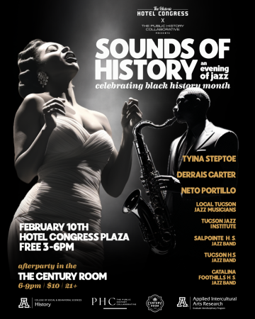 Sounds of History title with woman singing and man playing saxophone black and white